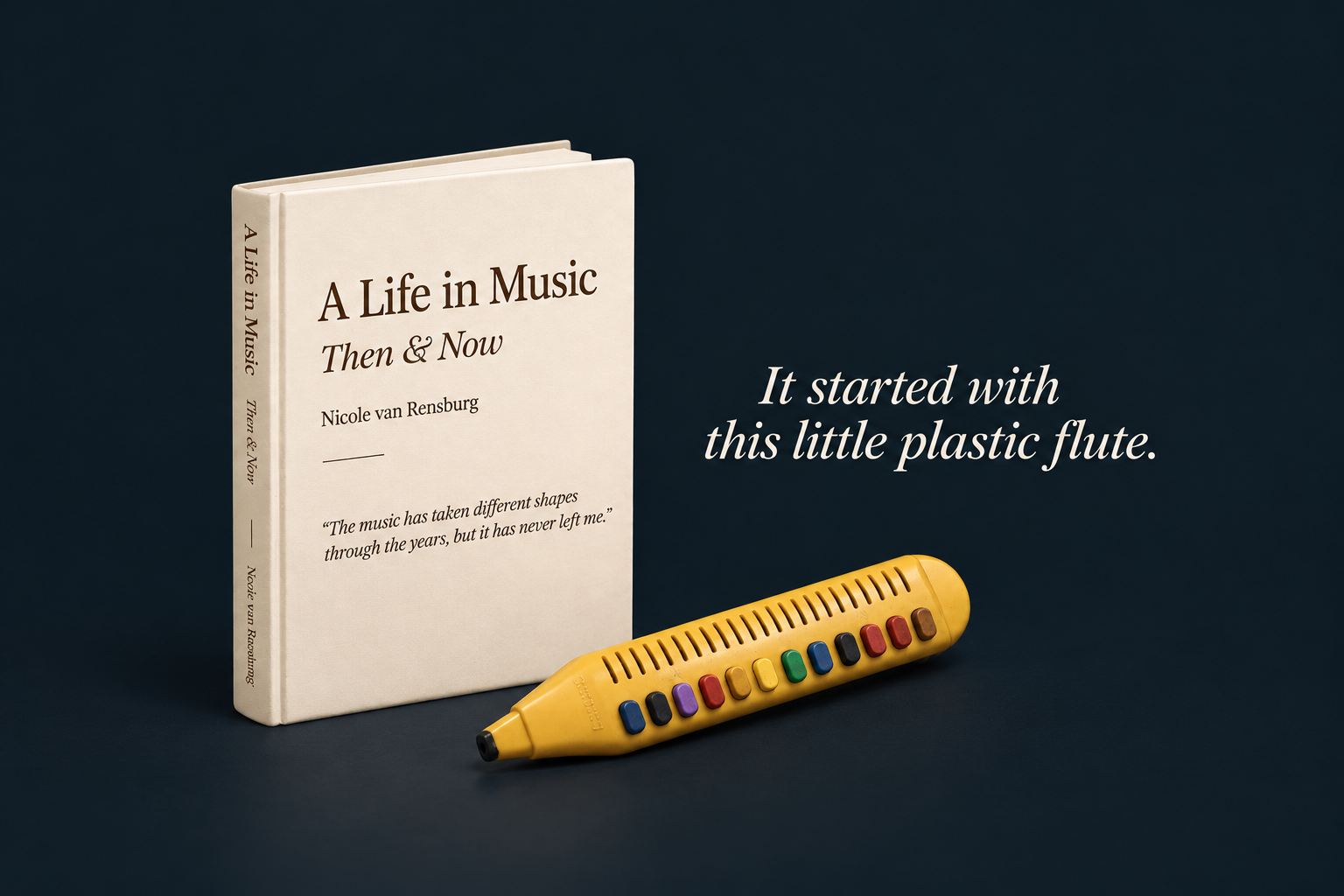 A Life in Music: Then & Now book with the little yellow plastic flute